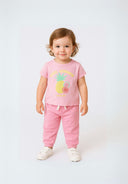 Light pink girls slub t-shirt with crochet applique and vibrant fruit prints, perfect for ages 1-8y. Comfortable summer wear.