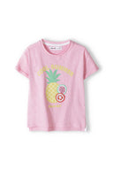 Girls slub t-shirt with crochet applique light pink 1-8y featuring colorful fruit design and short rolled sleeves. Comfortable summer wear.