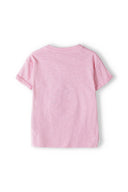 Girls slub t-shirt with crochet applique light pink 1-8y, soft lightweight fabric, back view showing rolled sleeves.