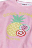 Girls slub t-shirt with crochet applique light pink 1-8y featuring colorful fruit appliques and slogan print. Breathable summer wear.