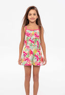 Girls playsuit tropical print multicoloured 1-8y featuring vibrant pink and green tropical patterns, lightweight for comfort.