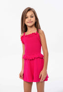 Girls smocked playsuit frill details pink 1-8y in vibrant pink with frilled details, made from soft, lightweight fabric for comfort.