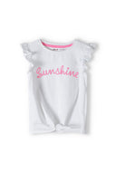 Girls tie front t-shirt broderie anglais white 1-8y with frilled sleeves and neon pink 'Sunshine' slogan. Comfortable fabric.
