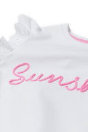 Girls tie front t-shirt broderie anglais white 1-8y featuring neon pink 'Sunshine' slogan and frilled lace sleeves. This stylish piece is perfect for warm weather.