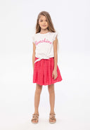 Girls tie front t-shirt broderie anglais white 1-8y featuring frilled sleeves, breathable fabric, and a neon 'sunshine' slogan.
