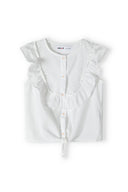 Girls tie front top broderie anglais white 1-8y featuring frilled sleeves, breathable fabric, and button fastenings for easy wear.