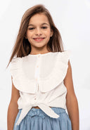 Girls tie front top broderie anglais white 1-8y, sleeveless with button fastenings, frilled detail and lightweight fabric.