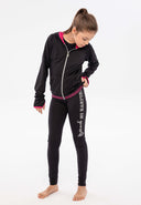Girls sport legging bright pink waistband black 3-14y features a stretchy fit, silver foil slogan, and vibrant pink detailing.