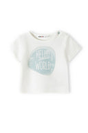 White short sleeve t-shirt featuring 'Hello World' print in blue for babies 0-12m. Soft cotton for comfort.