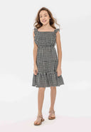Girls dress check tiered black 3-14y featuring a checkered pattern, frilled sleeves, and lightweight fabric for comfort.