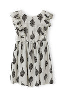 Girls summer printed dress with frills white 1-8y. Lightweight fabric, all-over leaf print, frilled sleeves, ideal for summer.