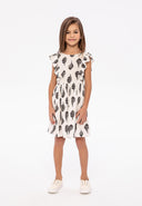 Girls summer printed dress with frills white 1-8y, featuring black leaf prints, lightweight fabric, and ruffled sleeves.