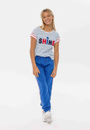 Girls jogpant with side taping blue 3-14y featuring soft fleece, elasticated waistband, and drawcord ties for adjustable fit.