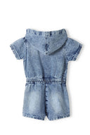 Girls denim hooded playsuit acid wash navy 3-14y featuring short sleeves, elasticated waistband, and attached hood.