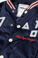 Boys satin bomber jacket with applique blue 3-14y featuring contrast ribbed trim, plush boucle detailing and varsity style. 