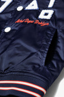 Boys satin bomber jacket with applique blue 3-14y featuring navy satin, boucle applique, and embroidered detail.