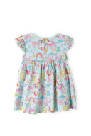 Girls babies bodysuit dress frilled sleeves turquoise 0-12m with cheerful rainbow and animal prints. Perfect for casual wear.