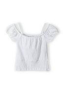 Girls off the shoulder top textured white 3-14y with soft, breathable fabric, elasticated neckline, and shirred design.