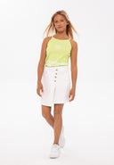 Girls tie dye rib vest lime green 3-14y featuring a vibrant halter neck design in soft ribbed fabric for comfort and style.