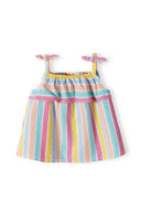 Girls two-piece set with bow tie multicoloured 3m-3y. Bright multicoloured striped strap top with adjustable bow ties and frilled neckline.