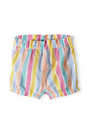 Girls two-piece set with bow tie multicoloured 3m-3y. Frilled multicolour striped shorts with elastic waistband for comfort.
