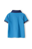 Turquoise boys polo shirt and short set contrast details with navy collar and striped cuffs, size 3m-3y.