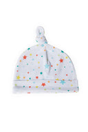 Baby hat 2 pack print stripe white 0-12m. Soft white cotton hat with colorful star print, perfect for infants up to 12 months.
