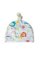 Infant baby hat featuring colorful animal print and knot top, soft cotton material for 0-12m babies. Perfect for fun outfits.