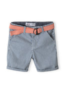 Boys shorts with canvas waistband light blue 1-8y featuring a light blue ticking stripe pattern and a vibrant orange belt. Suitable for warm weather.