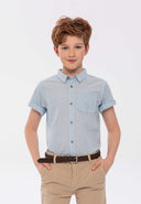 Boys poplin shirt with striped pattern white 3-14y features short sleeves, lightweight fabric, and a chest pocket. Perfect for summer.