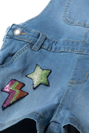 Girls denim short dungaree with neon sequins blue 1-8y featuring colorful sequined lightning and star designs on soft mid-blue fabric.