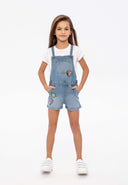 Girls denim short dungaree with neon sequins blue 1-8y, featuring colorful heart and lightning bolt patches, soft cotton blend.