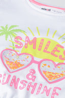 Girls t-shirt with neon print white 1-8y featuring playful sequin-filled hearts and vibrant tropical graphics. soft cotton fabric.