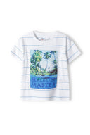 Boys t-shirt photo print applique white 3-14y featuring a beach scene with palm trees and blue accents on a striped fabric. 