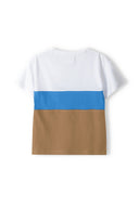 Boys t-shirt cut and sew contrast panels white 3-14y. Soft fabric with blue and brown panels for comfort and style.