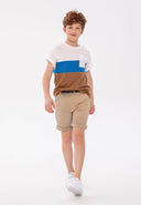 Boys t-shirt cut and sew contrast panels white 3-14y with blue and brown detailing, lightweight fabric for summer comfort.