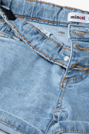 Light blue denim fabric with an acid wash effect. Features silver button fly and classic stitching. Ideal for girls ages 3-14y.