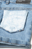 Girls denim shorts neon sequined pocket navy 3-14y with a light blue denim finish and a shimmering sequined back pocket. 