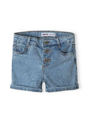 Light blue girls denim shorts with acid wash and three silver shank buttons for ages 3-14y. Features a neon sequined pocket. 