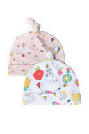 Two light pink baby hats with colorful prints, made from soft stretch fabric, designed for infants 0-12m. Baby hats 2 pack colourful prints light pink 0-12m.