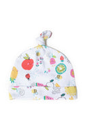 Colorful baby hat featuring vibrant fruit prints and a knotted top, made from soft stretch fabric for 0-12m girls.