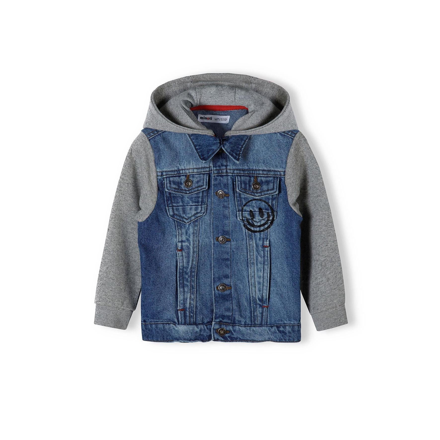 Back view of light blue denim jacket showing grey fleece hood with yellow lightning bolt design and 'JUST BE YOU' text printed on the denim back panel