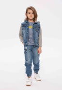 Boys denim jacket with fleece hood blue 1-8y featuring light blue denim, soft grey fleece hood, and elasticated cuffs.