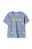 Boys t-shirt allover print blue 1-8y with bright yellow "Chill Out" slogan, short sleeves, and casual crew neck. Ideal for warm weather.