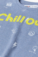 Boys t-shirt allover print blue 1-8y featuring an allover graphic design and a bright yellow applique slogan. Comfortable fit for kids.