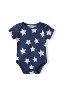 Babies short sleeved bodysuits with animal print navy 0-18m in navy blue featuring white star prints. Soft, breathable fabric for comfort.