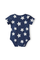 Babies short sleeved bodysuits with animal print navy 0-18m. Navy blue bodysuit with white star patterns. Soft cotton fabric for comfort.