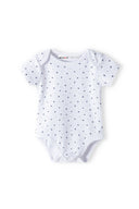Babies short sleeved bodysuits with animal print navy 0-18m featuring short sleeves, polka dots in navy on white fabric for infants.