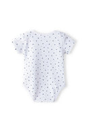 Babies short sleeved bodysuits with animal print navy 0-18m featuring a white base with navy dot pattern. Soft cotton blend fabric.