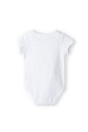 Babies short sleeve bodysuits with popper fastening light blue 0-18m. Soft cotton fabric with light blue polka dots and frilled sleeves.